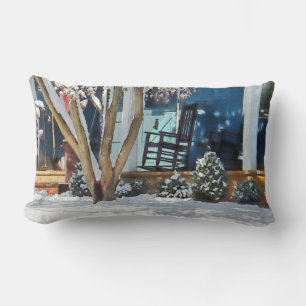 Rocking Chair on Porch in Winter Lumbar Pillow