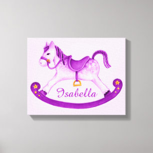 Rocking horse add your name purple nursery art canvas print