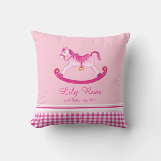 Rocking horse art pink name baby birth pillow (Front)