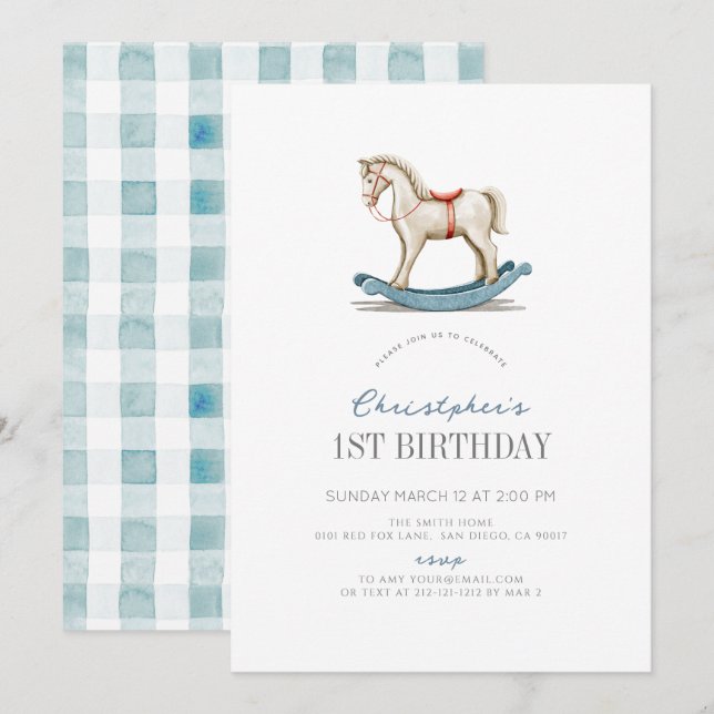 Rocking Horse Blue Boy 1st Birthday Invitation (Front/Back)
