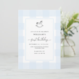 Rocking Horse Blue Gingham 1st Birthday Invitation