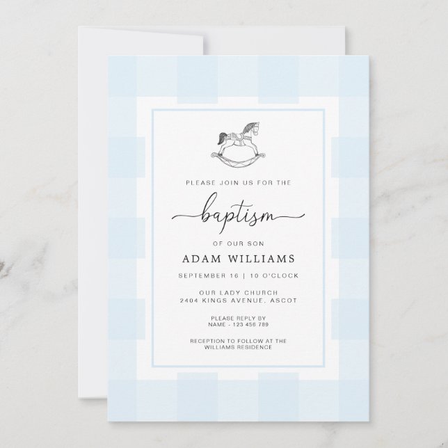 Rocking Horse Blue Gingham Baptism Invitation (Front)
