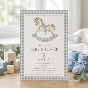 Rocking Horse Blue Gingham Boy Baby Shower Invitation