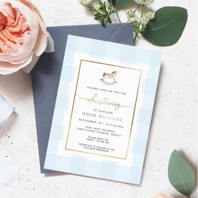 Rocking Horse Blue Gingham Christening Foil Invite (blue gingham rocking horse christening gold foil invitation )