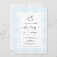 Rocking Horse Blue Gingham Christening Invitation