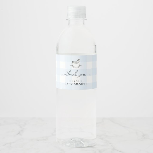 Rocking Horse Blue Gingham Favour Water Bottle Label (Front)