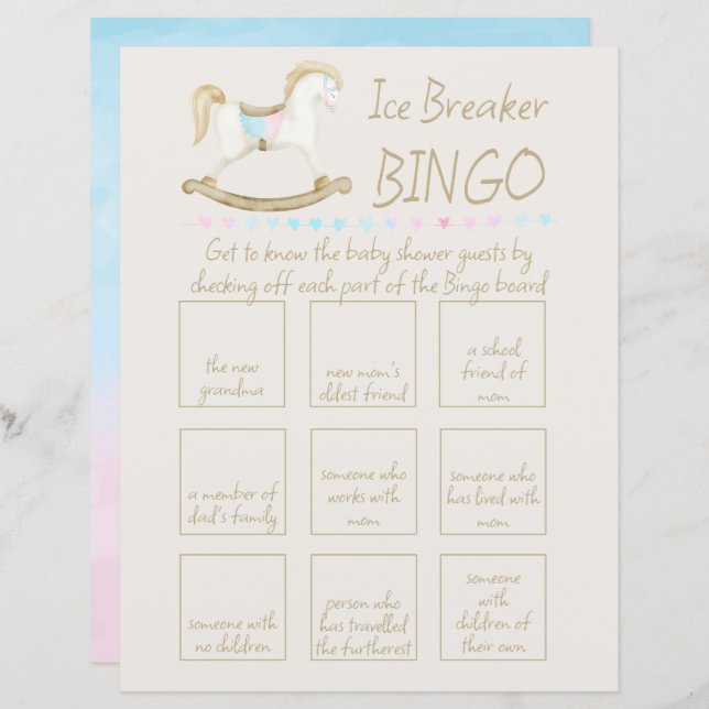 Rocking Horse Blue Pink Baby Shower Bingo (Front/Back)