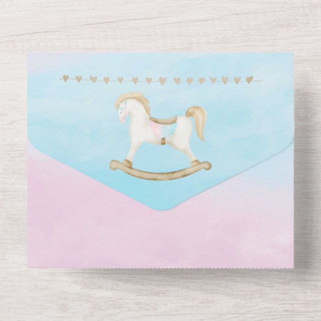 Rocking Horse Blue Pink Gender Neutral Baby Shower All In One Invitation (Back)