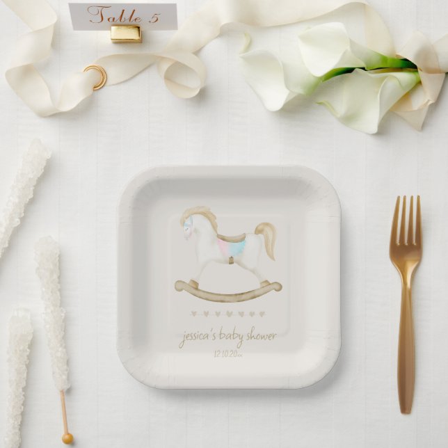 Rocking Horse Blue Pink Gender Neutral Baby Shower Paper Plate (Wedding)