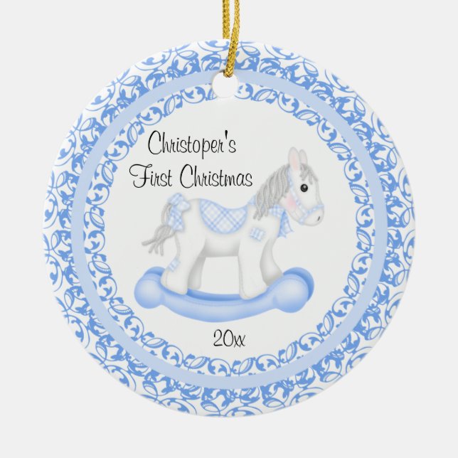Rocking Horse Boy Baby's First Christmas Ornament (Front)