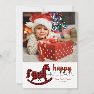 Rocking Horse Buffalo Plaid Photo Holiday Card