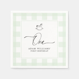 Rocking Horse Green Gingham 1st Birthday Napkins