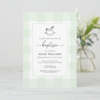 Rocking Horse Green Gingham Baptism Invitation