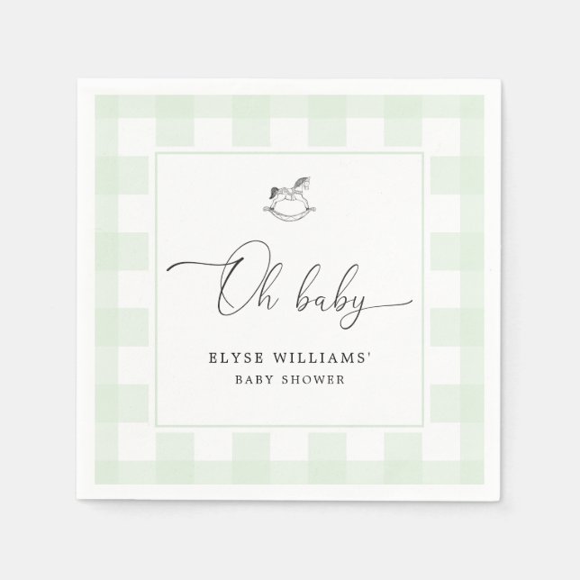 Rocking Horse Green Gingham Oh Baby Paper Napkin (Front)