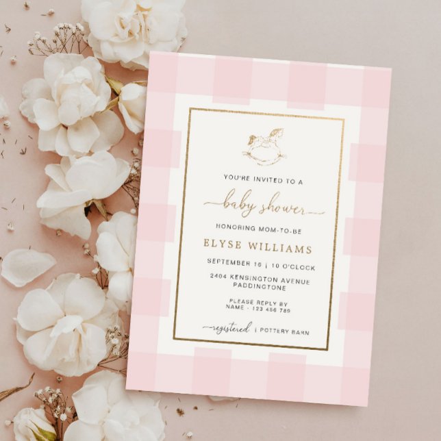 Rocking Horse Pink Gingham Baby Shower Foil Invite (Baby Shower Invitation Pink Gingham Rocking Horse )