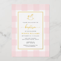Rocking Horse Pink Gingham Baptism Foil Invitation