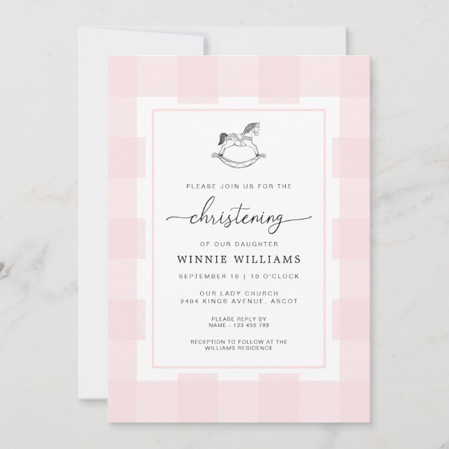 Rocking Horse Pink Gingham Christening Invitation (Front)