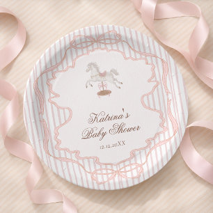 Rocking Horse Pink Girl Baby Shower Paper Plate