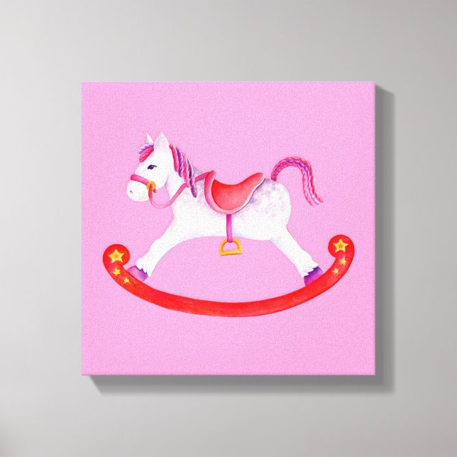 Rocking horse pink watercolor nursery art canvas print (Front)