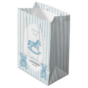 Rocking Horse Preppy Teddy Bear Blue Baby Shower  Medium Gift Bag