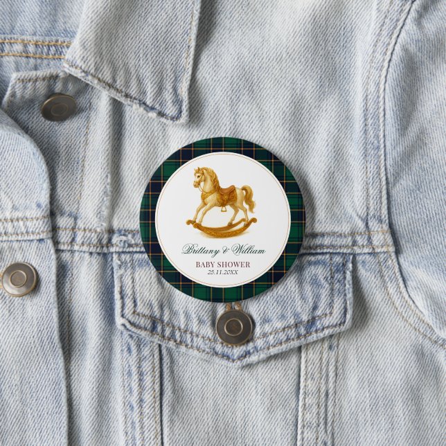 Rocking Horse Tartan Plaid Baby Shower  3 Inch Round Button (In Situ)
