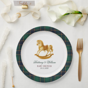 Rocking Horse Tartan Plaid Baby Shower Paper Plate