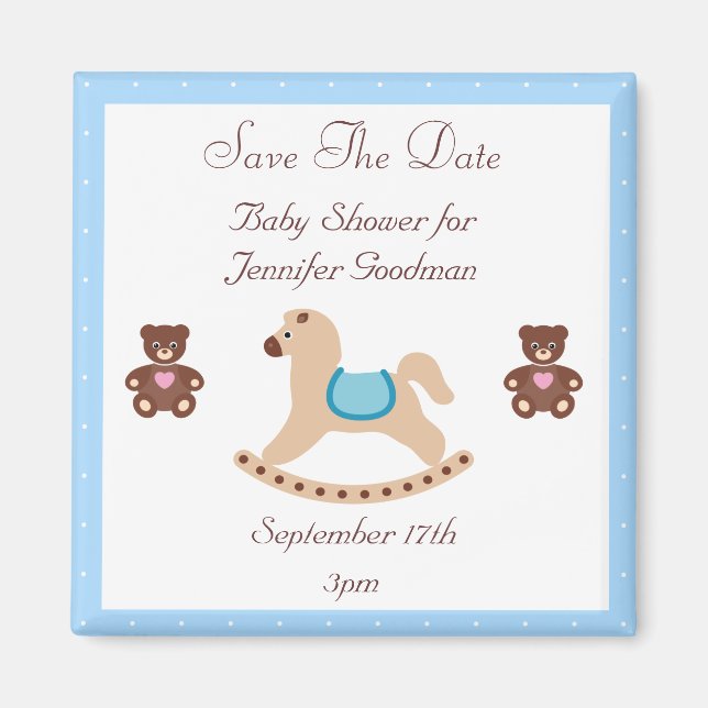 Rocking Horse & Teddies Save The Date Baby Shower Magnet (Front)