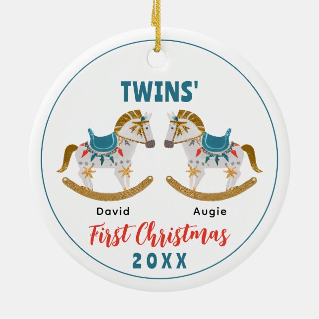 Rocking Horse Twins' First Christmas Ceramic Ornament (Back)