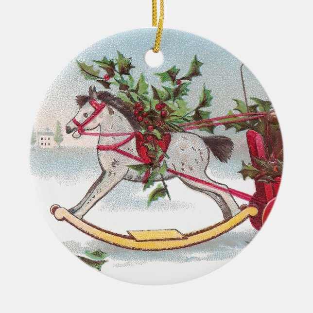 Rocking Horse Vintage Christmas Ceramic Ornament (Front)