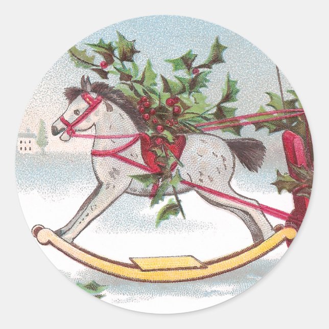 Rocking Horse Vintage Christmas Classic Round Sticker (Front)