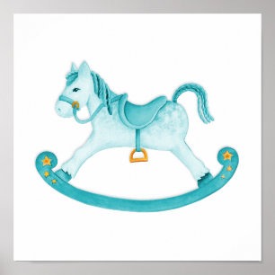 Rocking horse watercolor art kids nursery poster