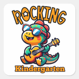 Rocking Kindergarten Dinosaur with guitar Square Sticker