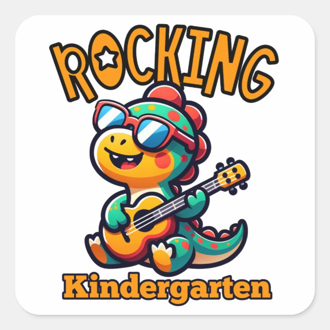 Rocking Kindergarten Dinosaur with guitar  Square Sticker (Front)