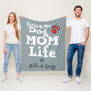 Rocking The Dog Mom Life DOG NAME Paw Print Fleece Blanket