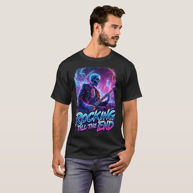Rocking Till the End | Electric Skeleton Guitarist T-Shirt (Front Full)