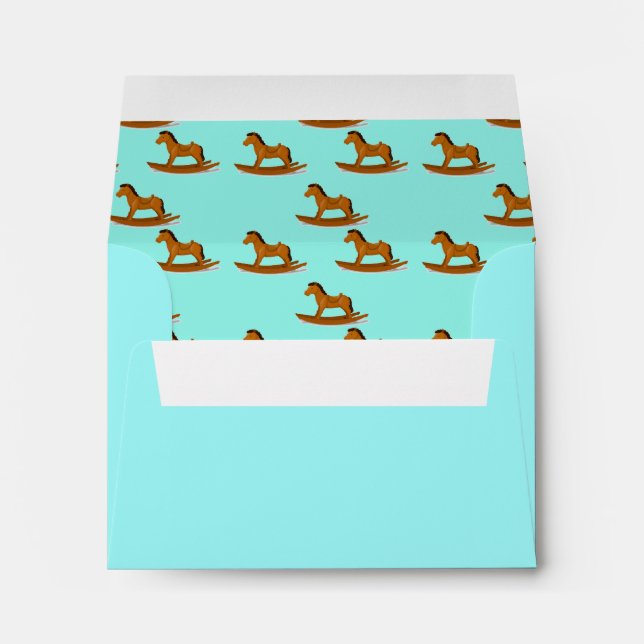 Rocking wooden horse pattern on blue envelope (Back (Bottom))