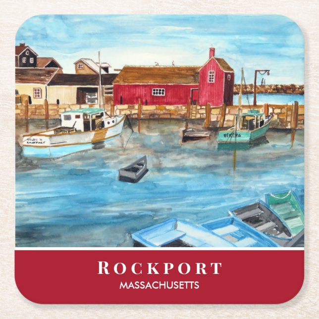 Rockport Harbour Massachusetts New England USA Square Paper Coaster (Front)