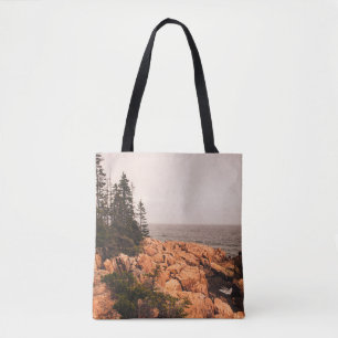Rocks and trees on the Maine shoreline in Acadia N Tote Bag