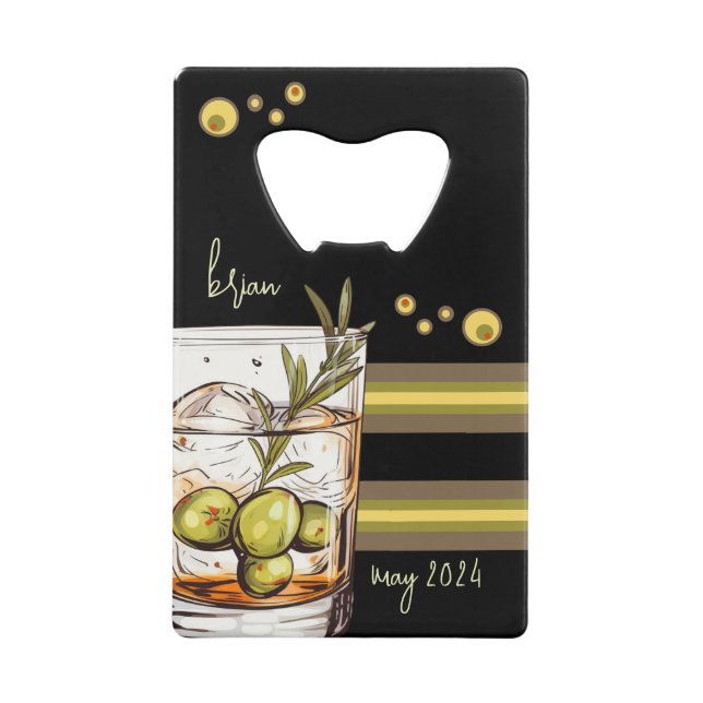 Rocks Glass | Olives | Guys Night Out Credit Card Bottle Opener (Front)