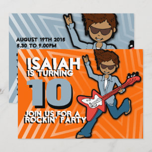 Rockstar boy 10th birthday orange blue invitation