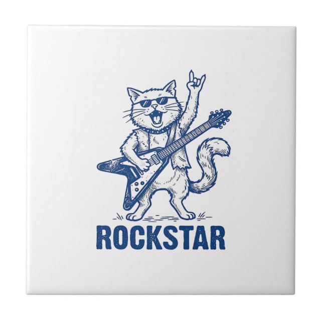 Rockstar Cat Guitar Vintage Engraving Shirt Design Tile (Front)