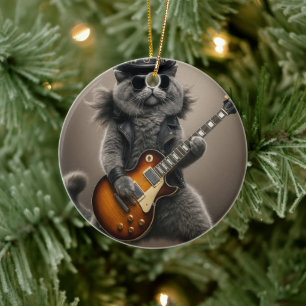 Rockstar Cat Playing Electric Guitar in Leather    Ceramic Ornament