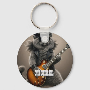 Rockstar Cat Playing Electric Guitar in Leather Keychain