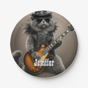 Rockstar Cat Playing Electric Guitar in Leather Paper Plate