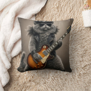 Rockstar Cat Playing Electric Guitar in Leather Throw Pillow