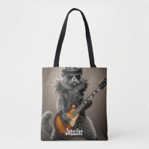 Rockstar Cat Playing Electric Guitar in Leather Tote Bag