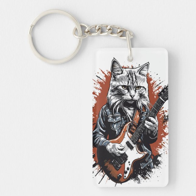 Rockstar Cat Shredding Guitar Keychain (Front)