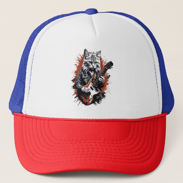 Rockstar Cat Shredding Guitar Trucker Hat (Front)