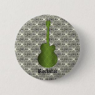 Rockstar Damask Guitar Button, Olive Green 2 Inch Round Button