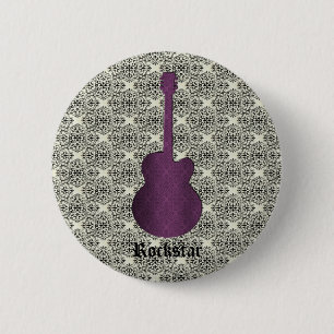 Rockstar Damask Guitar Button, Purple 2 Inch Round Button